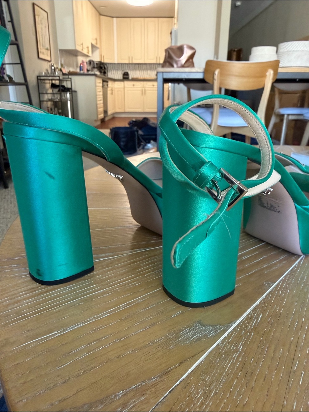 Prada Green Satin Block Heel Sandals - Picture 9 of 11
